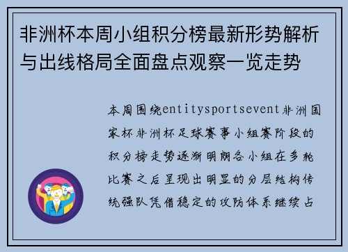 非洲杯本周小组积分榜最新形势解析与出线格局全面盘点观察一览走势